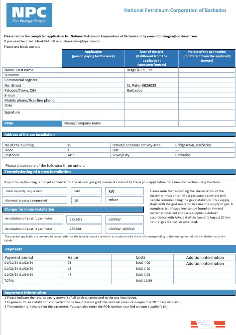 Barbados National Petroleum Corporation of Barbados gas business utility bill template in Word and PDF format